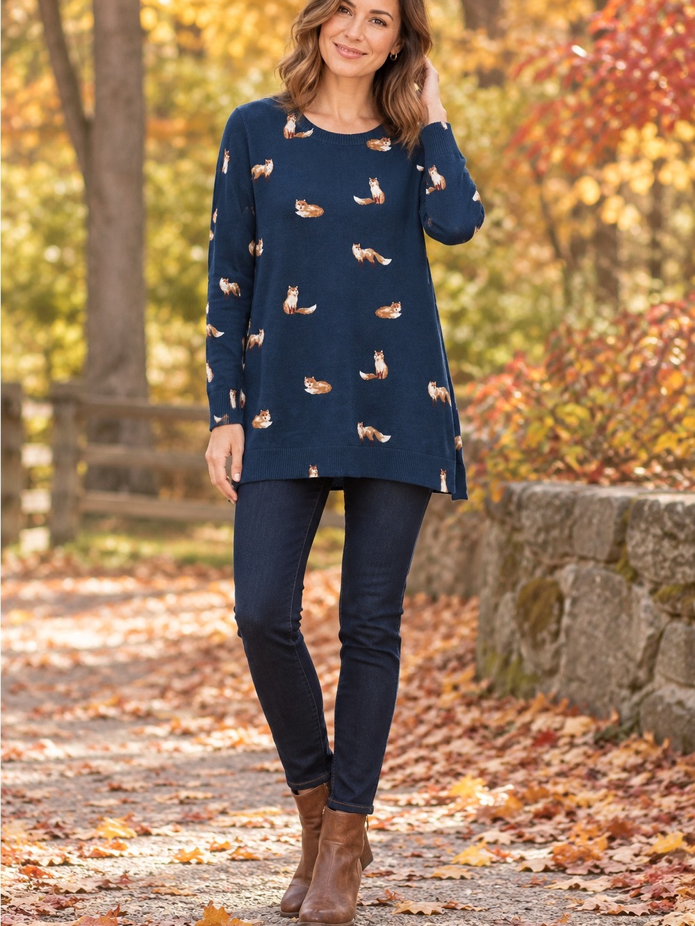 Coldwater Creek Navy Fox-Print Crewneck Tunic Sweater